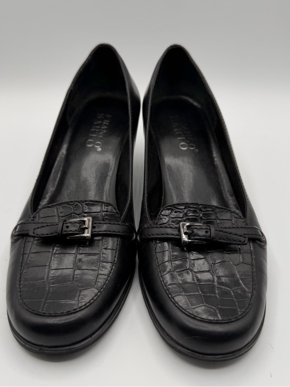 Franco Sarto Black Leather Croc Embossed Loafer Kitten Heel Pumps 6M - Picture 2 of 9